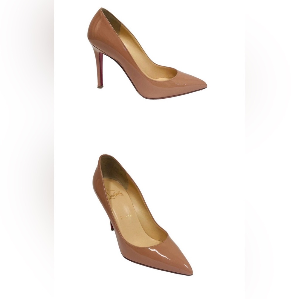 CHRISTIAN LOUBOUTIN Nude Leather Patent Pigalle Follies 100 Pointed Heels 35.5